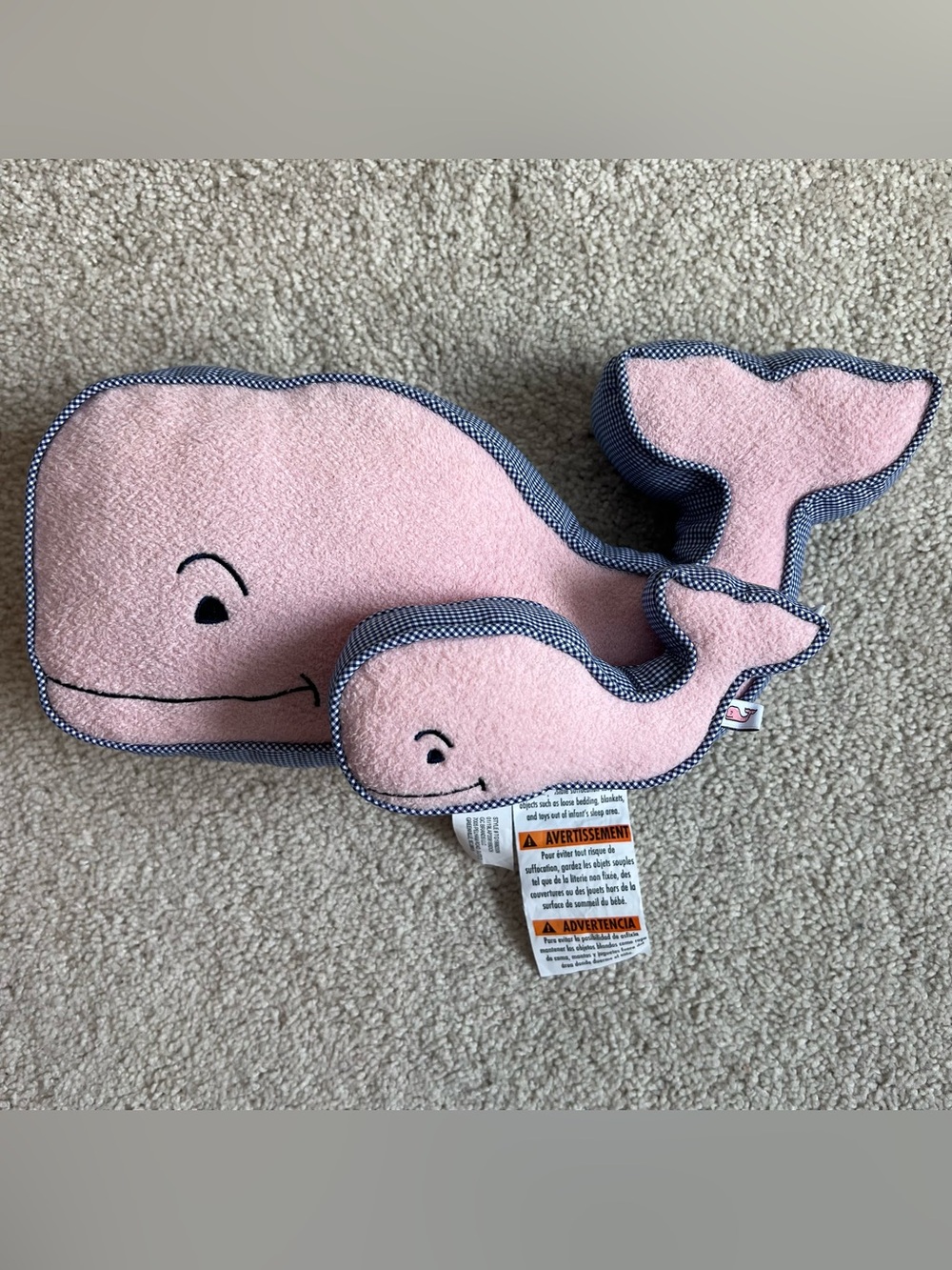 Vineyard Vines Pink Whale Plush Set (Baby Rattle) with Navy Plaid Trim NWOT